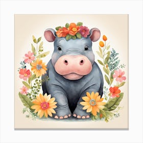 Floral Baby Hippo Nursery Illustration (3) Canvas Print