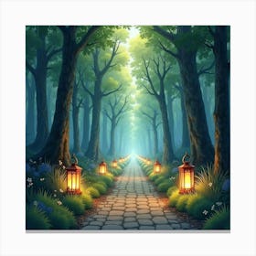 Mystical Watercolor Forest Path With Glowing Lanterns 1 Canvas Print