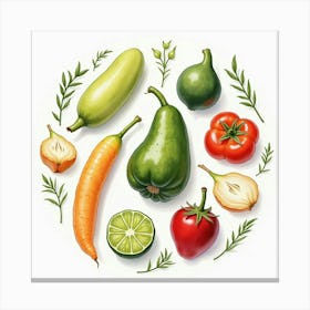 Beautifully Arranged Produce In A Watercolor Painting With An Elegant Finish 1 Canvas Print