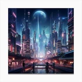 The Metropolis Of Tomorrow Neon Lit Skyscrapers 1 Canvas Print