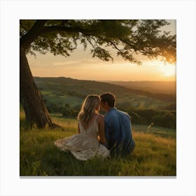 Sunset Couple Sitting Under Tree Canvas Print