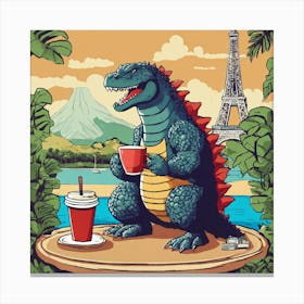 Godzilla In Hawaiian Style Drinking A Coffee In Fr Canvas Print