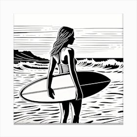 Linocut Black And White Surfer Girl In a Beach art, surfing art, 263 Canvas Print