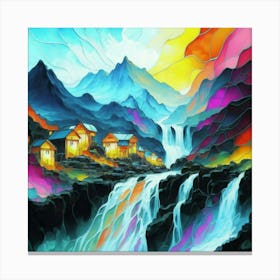 Abstract art stained glass art of a mountain village in watercolor 12 Canvas Print