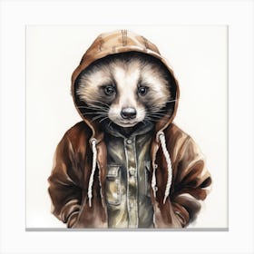 Watercolour Cartoon Badger In A Hoodie 3 Canvas Print