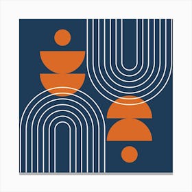 Modern Mid Century Sun, Moon Phases and Rainbow Abstract 28 in Navy Blue and Burnt Orange Canvas Print