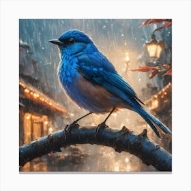 Blue Bird In The Rain Canvas Print