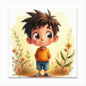 Spanish Boy With A Curious Look, Watercolor With Lively Background 1 Canvas Print