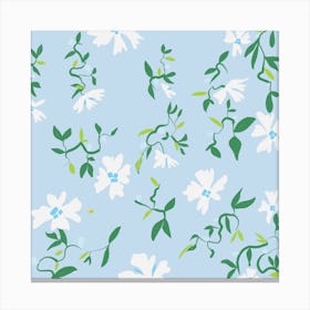 White Flowers On Blue Background Canvas Print