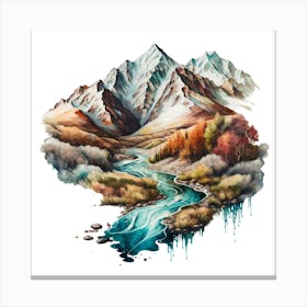 Watercolour Of Mountains And River Canvas Print