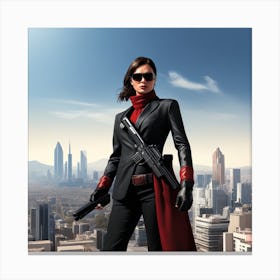 The Image Depicts A Woman In A Black Suit And Helmet Isstanding In Front Of A Large, Modern Cityscape 3 Canvas Print