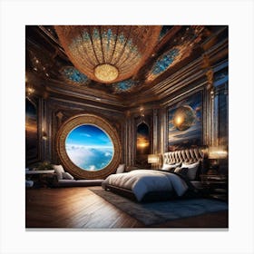 Bedroom With A Round Window Canvas Print