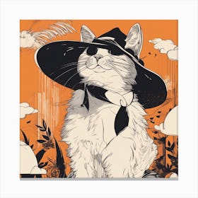 A Silhouette Of A Cat Wearing A Black Hat And Laying On Her Back On A Orange Screen, In The Style Of (2) Canvas Print