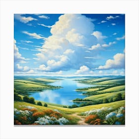 Cumulus Clouds Cotton Like In Texture Dominate The Expansive Azure Sky While A Serene Landscape Un (1) Canvas Print