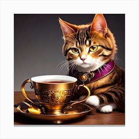 Cat With Cup Of Tea Canvas Print