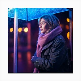 Firefly Pensive Woman At Rainy Bus Shelter With Neon Glow 68771 Canvas Print