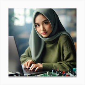Muslim Woman Using Laptop 2 Canvas Print