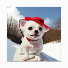 Perrito En La Nieve Con Sombrero Rojo Canvas Print