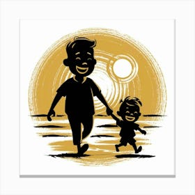 Father And Son Walking On The Beach Canvas Print