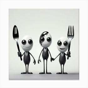 Three Cartoon Characters Holding Fork And Knife Canvas Print