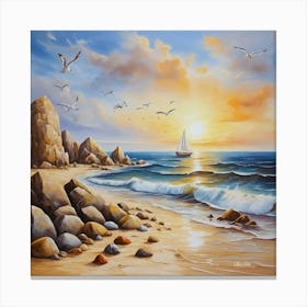 Oil painting design on canvas. Sandy beach rocks. Waves. Sailboat. Seagulls. The sun before sunset.46 Canvas Print