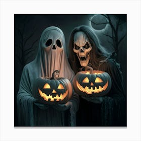 A Spooky Halloween Couple With Pumpkin Carved Faces Canvas Print