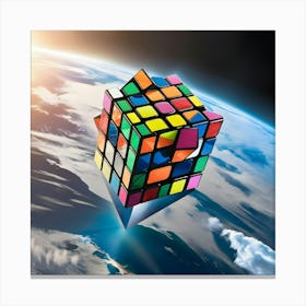 A Majestic Rubik S Cube, With Vibrant Stickers Reflecting A Kaleidoscope Of Colors, Hovers Over Planet Earth 2 Canvas Print