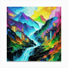 Abstract art stained glass art of a mountain village in watercolor 1 Canvas Print