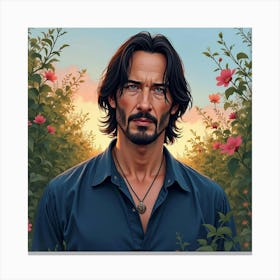 Watercolor Portrait Of Keanu Reeves In A Tranquil Garden At Twilight Canvas Print