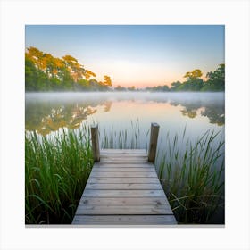 a foggy summer morning at the lake. Canvas Print