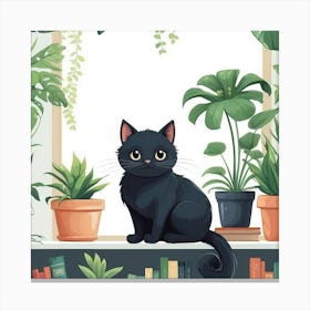 Black Cat On The Window Sill, wall art, painting design Canvas Print