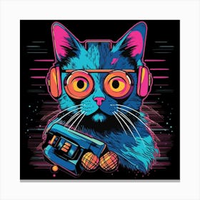 Cat With Headphones Neon Canvas Print