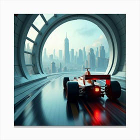 Formula Car Racing Through A Glass Tunnel Above A Sprawling Futuristic City 1 Canvas Print