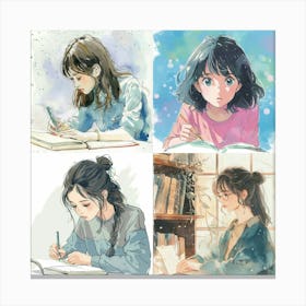 Collage Of Four Watercolor Illustrations Of Girls Writing In Notebooks Canvas Print