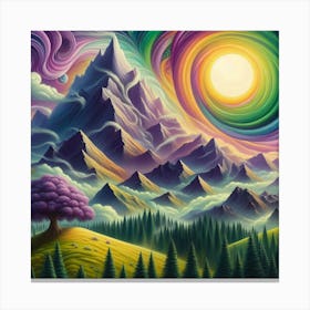 Mountain With Spiral Moon Sun Large Tree 4 Canvas Print