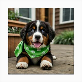 Bernese Mountain Dog puppy with brown eyes, wearing a bright green bandana with white designs. The image should capture Lemmy in an adorable, eye-catching pose that embodies the playful and loving nature of a puppy. The image should be in the vivid and detailed 3d animation. Set the background to a front porch, in the background you can see 3 pairs of girls shoes, 2 toddler size and one teenagers making it colorful and engaging. 2 Canvas Print