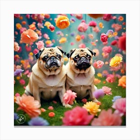 Two Pugs With Flower Background 2 Canvas Print