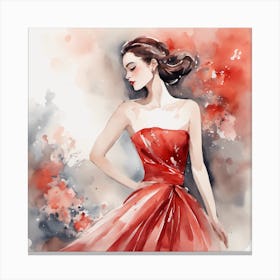 Watercolor Girl In Red Dress Canvas Print