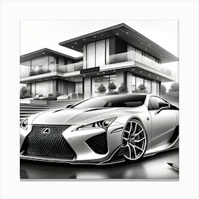 A Pencil Drawing Of A Lexus LFA In Front Of A Beautiful Modern Mansion Canvas Print