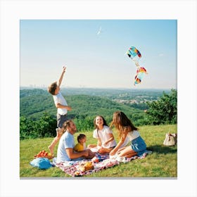 Family Of Four Laughing Picnic Setup On A Vibrant Green Hilltop With A Sun Kissed Backdrop Kite F (3) Leinwandbild