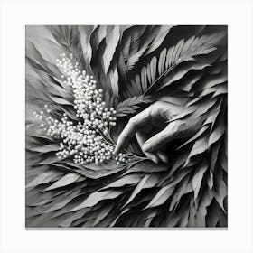Abstract, Black And White, Nature’s Touch: Hand Among Leaves Canvas Print
