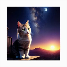 Cat at roof top on moon light Canvas Print