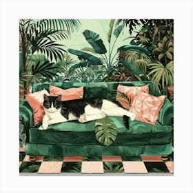 Cat On A Green Couch Canvas Print