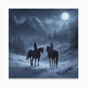 Two People On Horses In The Snow Canvas Print