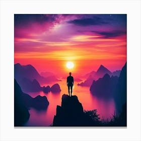 Man Standing On Top Of Mountain At Sunset 1 Canvas Print