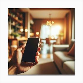 Hand Holding Smart Phone In Living Room Canvas Print