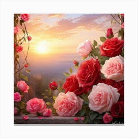 Bouquet Of Mixed Red And Pink Roses Peonies Delicately Woven Into Vines Soft Focus With Scattered 2 1 Canvas Print