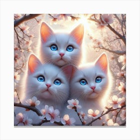 Three White Cats In Cherry Blossoms Canvas Print