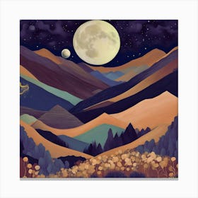 Moonlight In The Mountains, Moonlit Hills Colorful Paintings Landscape art Canvas Print