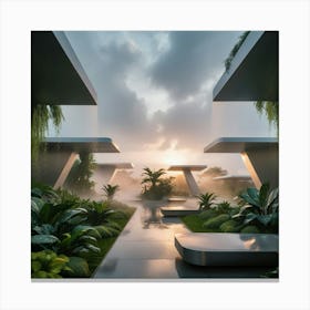 Futuristic Modern Garden peaceful sunrise 2 Canvas Print